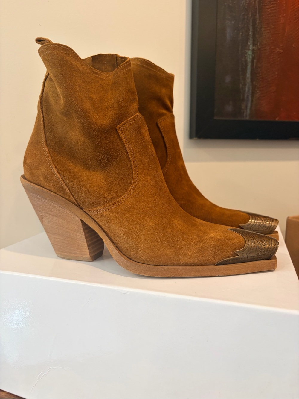 Women's Cognac Suede Ankle Booties in Chestnut with Brass Toe